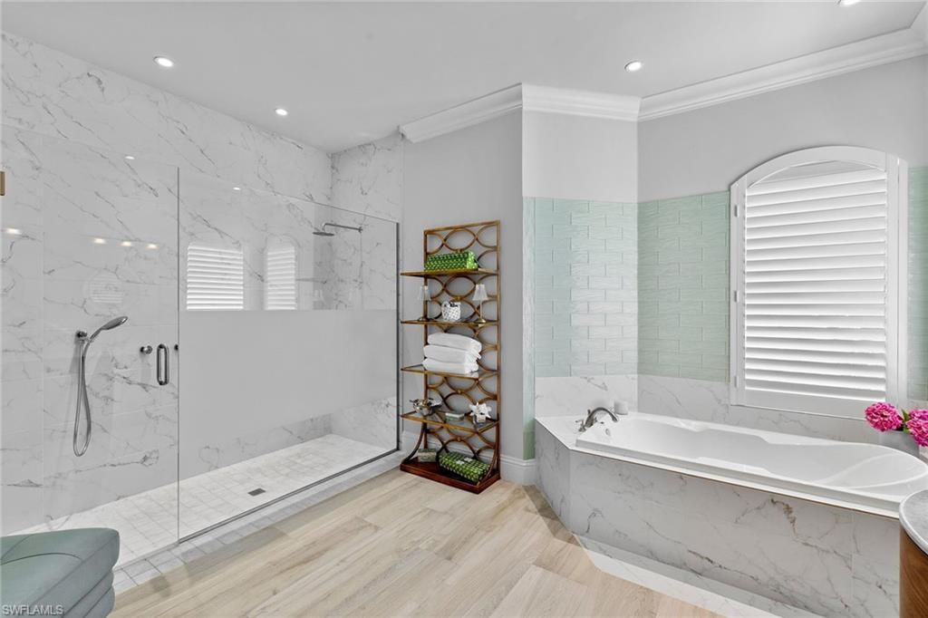 Bathroom, Glass Shower, Interior, Marble Walls, Recessed Lighting, Wood Texture Flooring