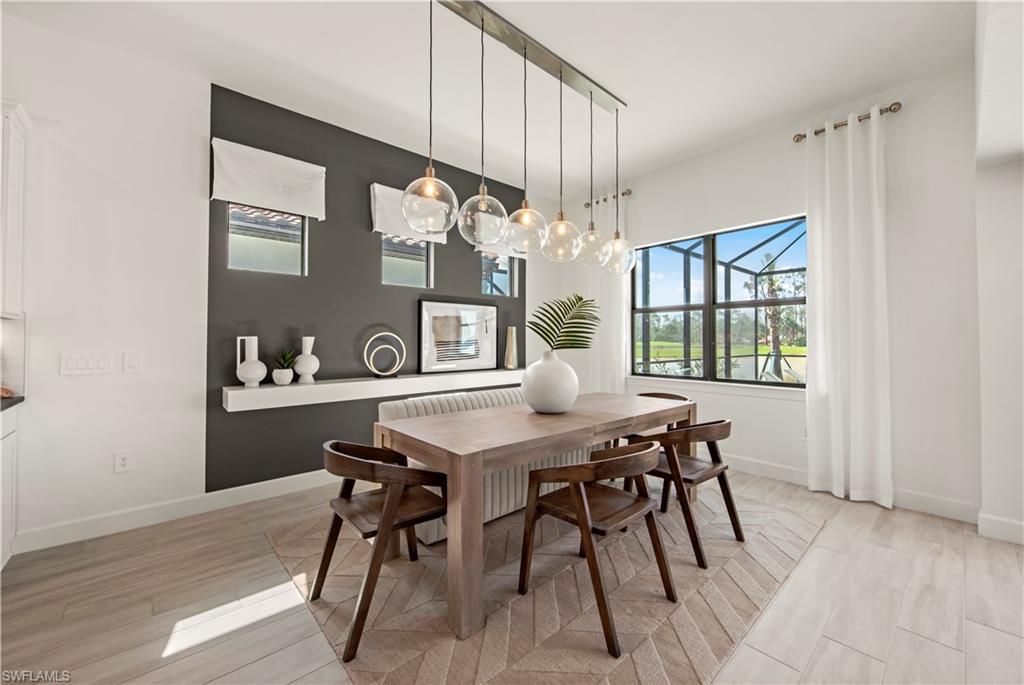 Dining room, Interior, Pendant Lights, Wood Texture Flooring