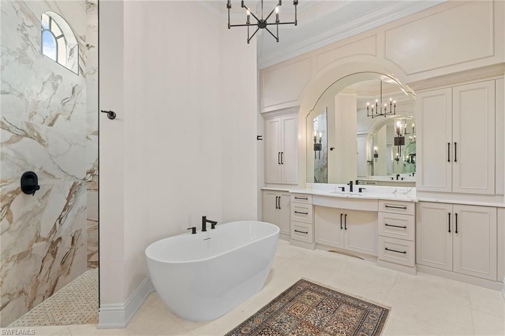 Bathroom, Dual Sink Vanities, Free Standing Baths, Interior, Marble Walls, Pendant Lights