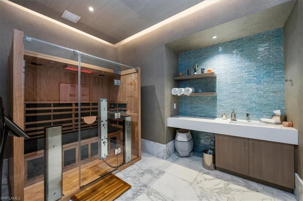Bathroom, Glass Shower, Interior, Marble, Recessed Lighting, Sauna Room
