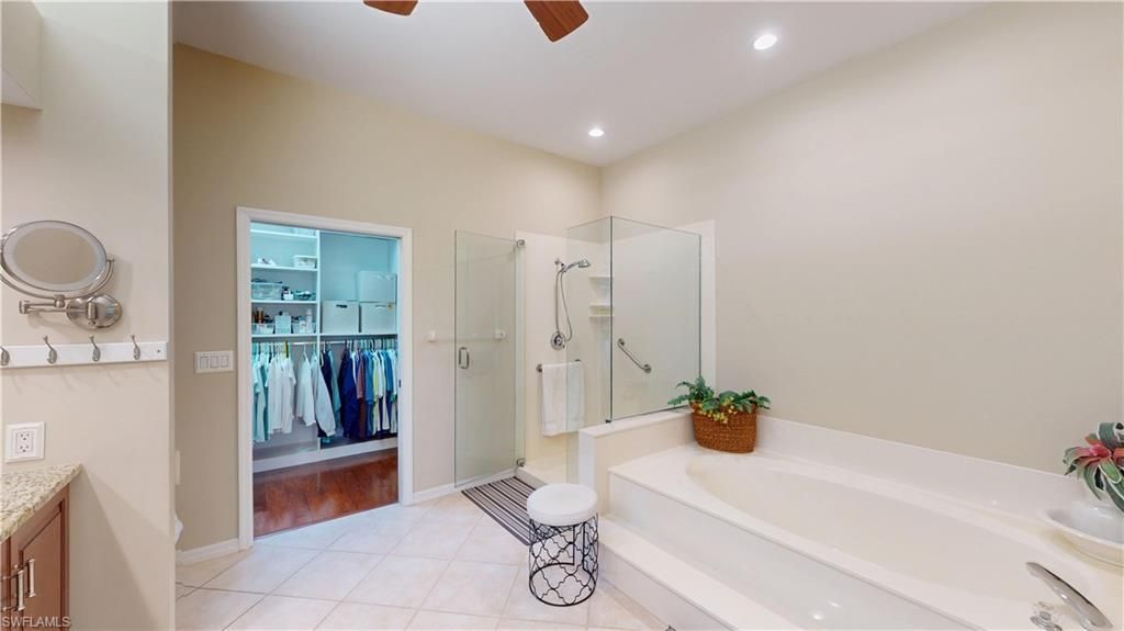Bathroom, Glass Shower, Interior, Recessed Lighting, Walk-in Closets, Wood Texture Flooring