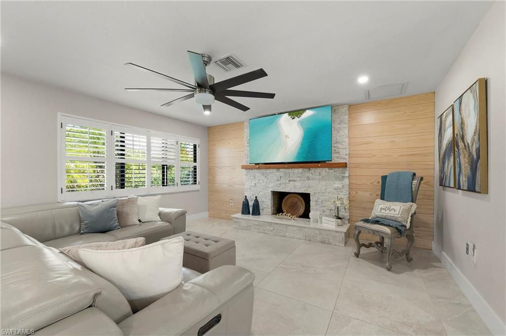 Fireplace, Interior, Living room, Recessed Lighting, Wooden Walls