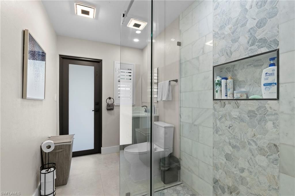 Bathroom, Glass Shower, Interior, Marble Walls, Recessed Lighting