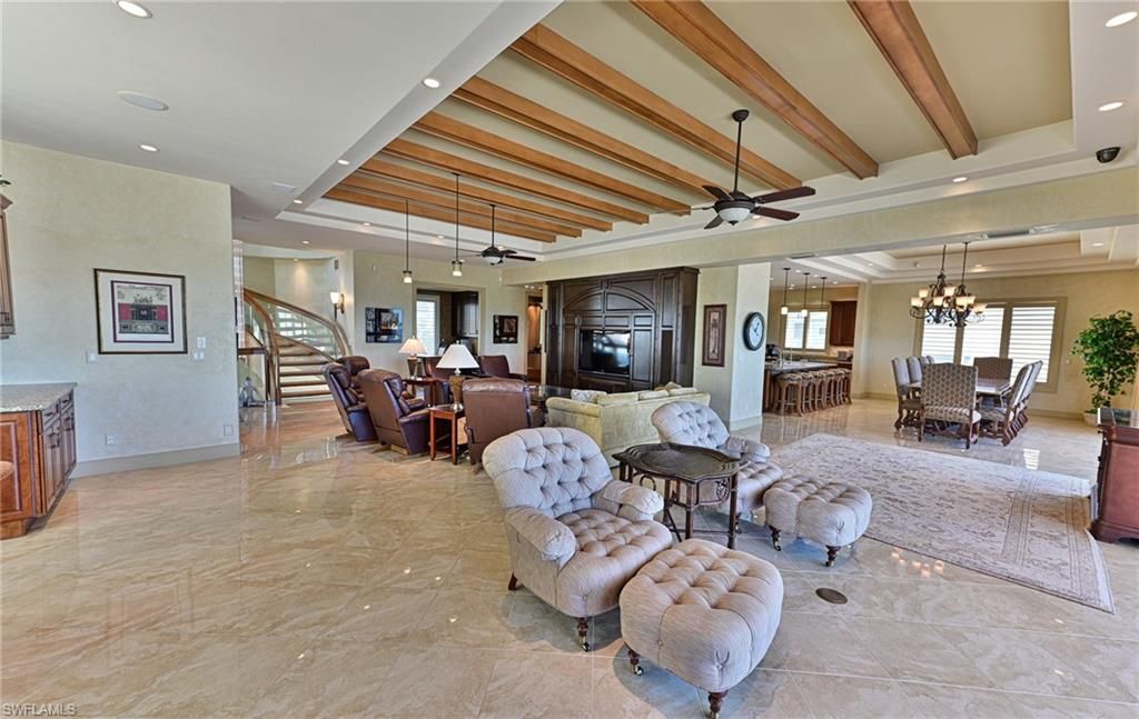 Chandelier, Dining room, Interior, Living room, Pendant Lights, Recessed Lighting, Wooden Beams