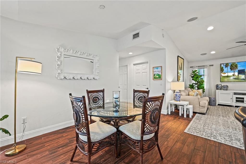 Dining room, Interior, Living room, Recessed Lighting, Wood Texture Flooring