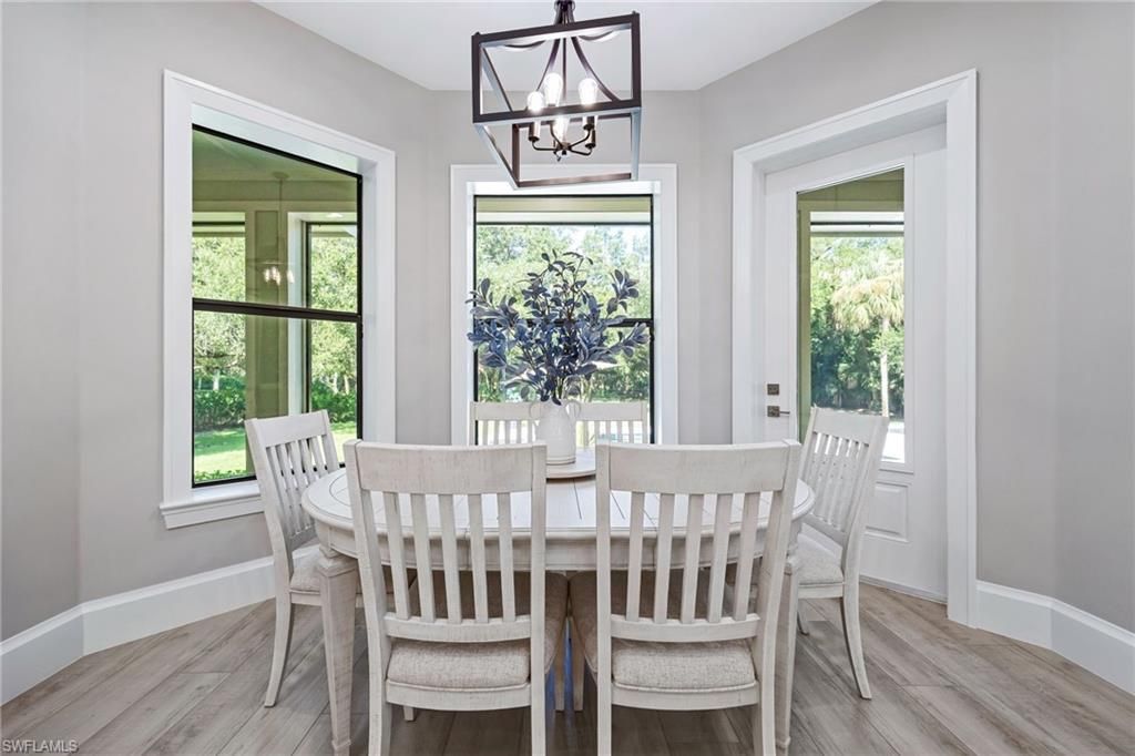 Dining room, Interior, Pendant Lights, Wood Texture Flooring