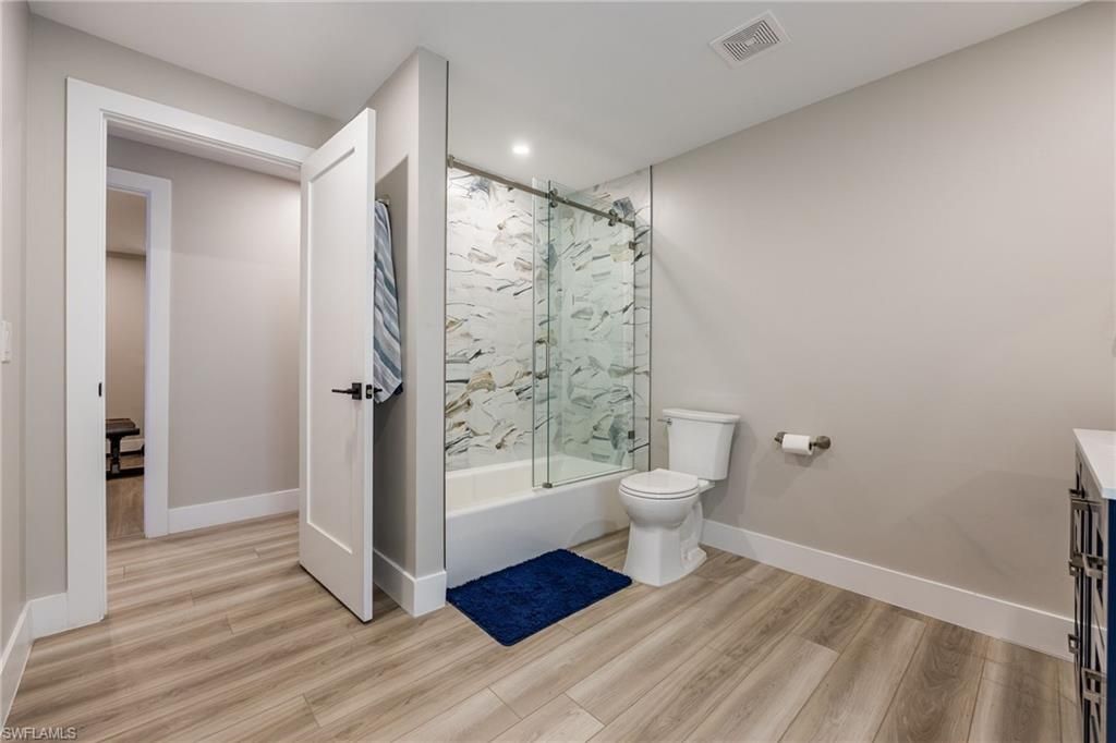Bathroom, Glass Shower, Interior, Recessed Lighting, Wood Texture Flooring