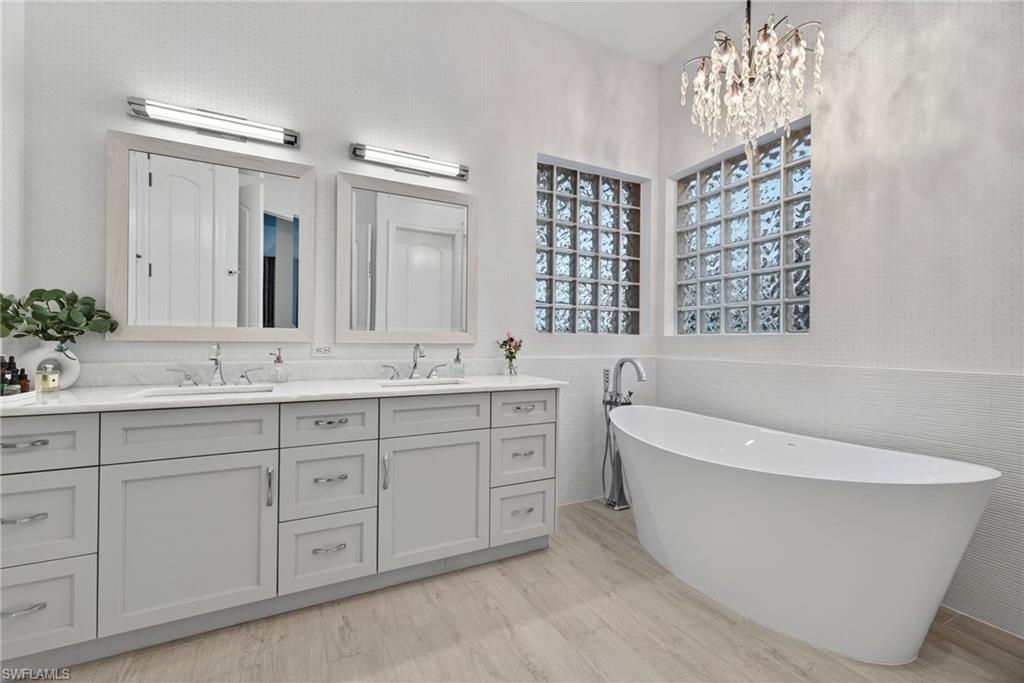 Bathroom, Dual Sink Vanities, Free Standing Baths, Interior, Wood Texture Flooring