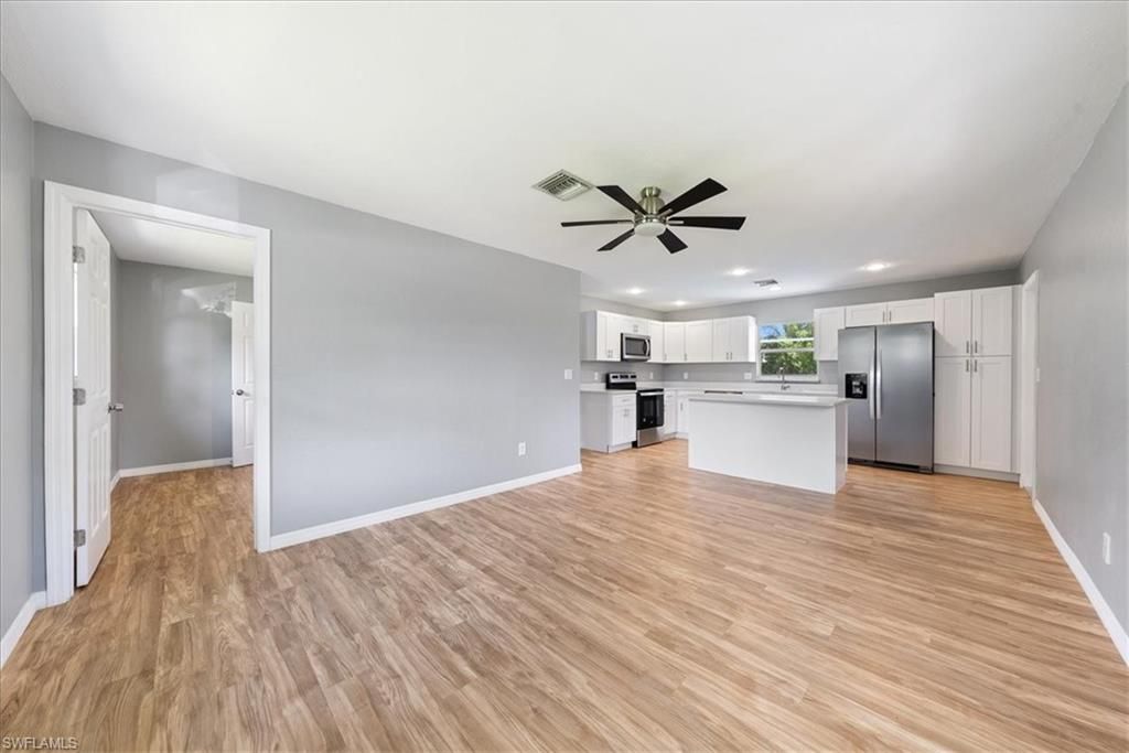 Empty room, Interior, Kitchen, Recessed Lighting, Wood Texture Flooring