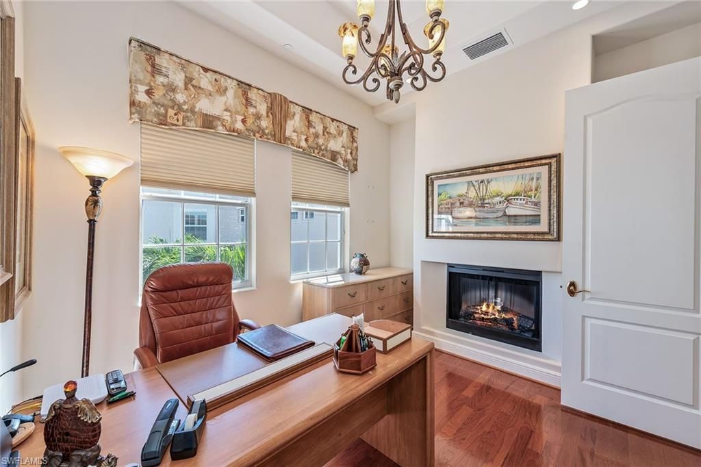 Chandelier, Fireplace, Home Office, Interior, Recessed Lighting, Wood Texture Flooring