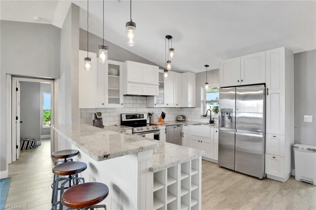 Interior, Kitchen, Pendant Lights, Stainless Steel Appliances, Wood Texture Flooring
