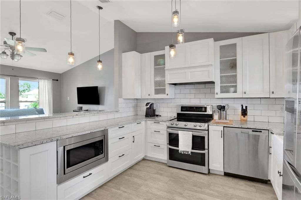 Interior, Kitchen, Pendant Lights, Stainless Steel Appliances, Wood Texture Flooring
