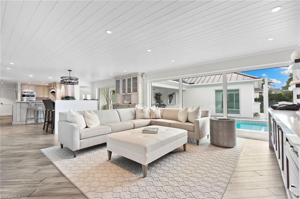 Interior, Kitchen, Living room, Recessed Lighting, Stainless Steel Appliances, Wood Texture Flooring