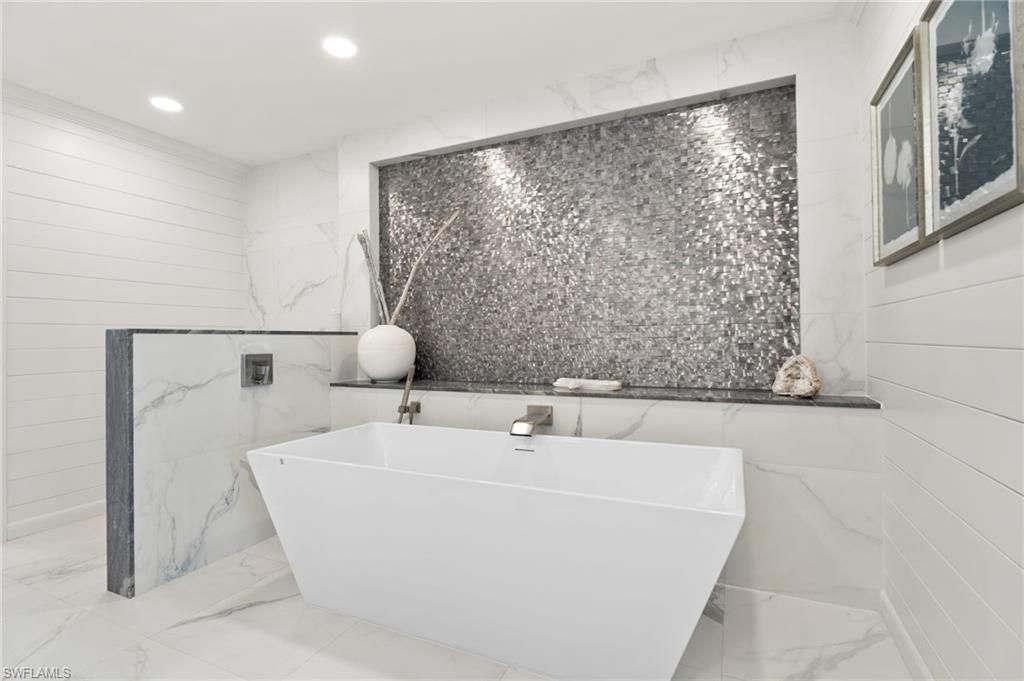 Bathroom, Free Standing Baths, Interior, Marble, Marble Walls, Recessed Lighting