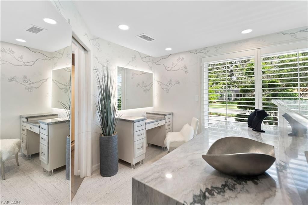Bathroom, Dual Sink Vanities, Interior, Marble Walls, Recessed Lighting
