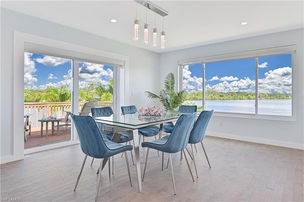 Dining room, Interior, Pendant Lights, Recessed Lighting, Water, Wood Texture Flooring