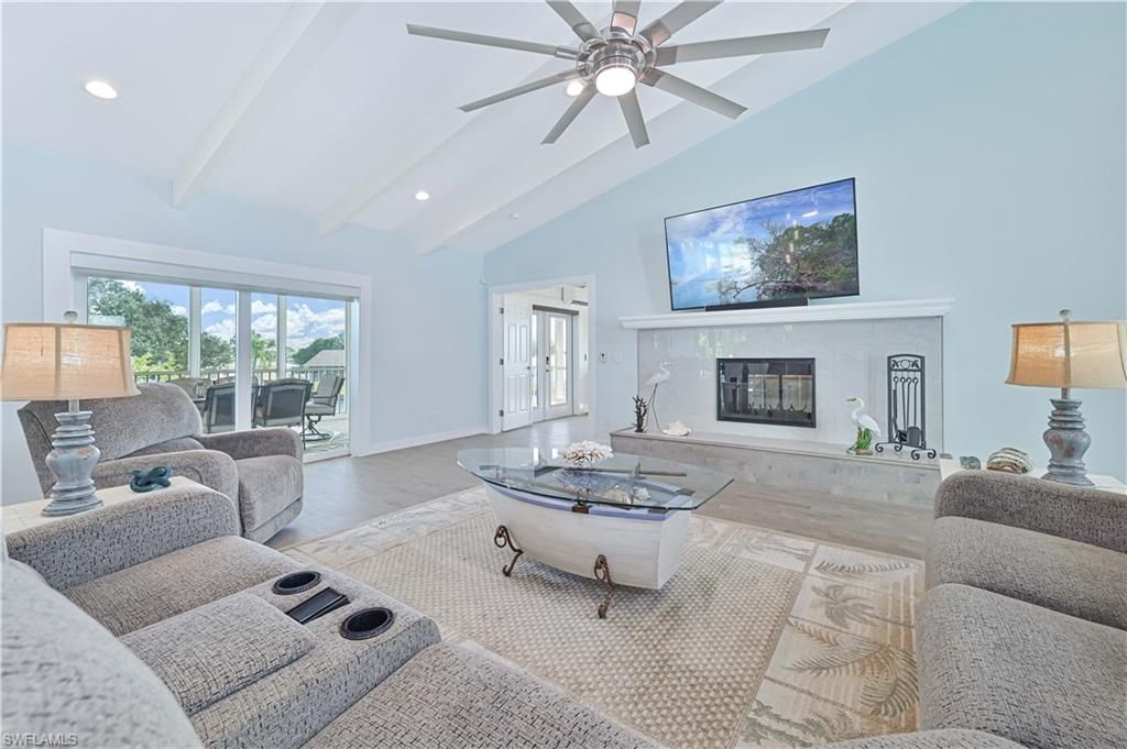 Fireplace, Interior, Living room, Recessed Lighting, Wood Texture Flooring