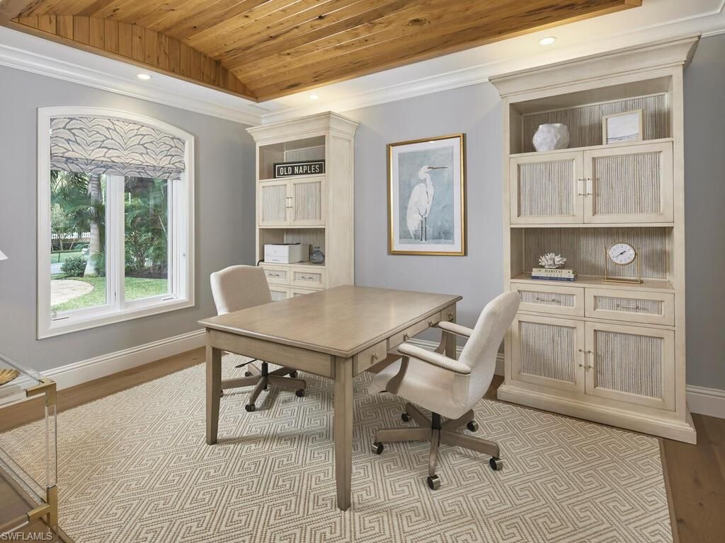 Home Office, Interior, Recessed Lighting, Wooden Ceilings, Wood Texture Flooring