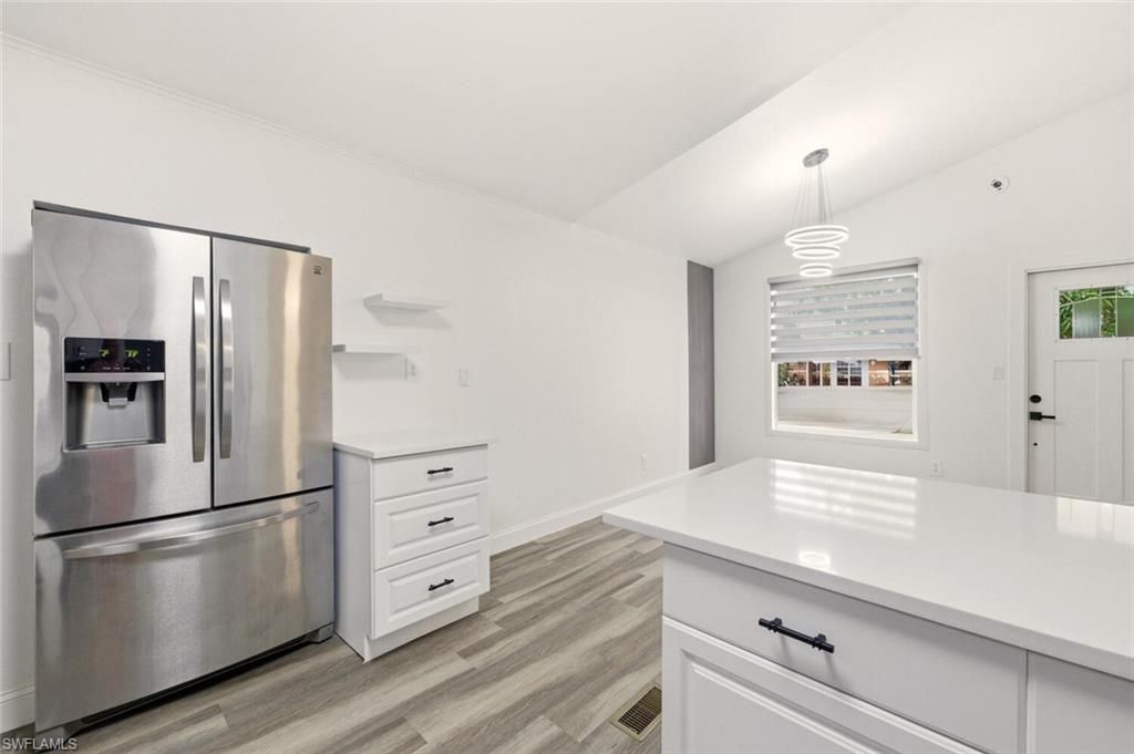 Interior, Kitchen, Pendant Lights, Stainless Steel Appliances, Wood Texture Flooring