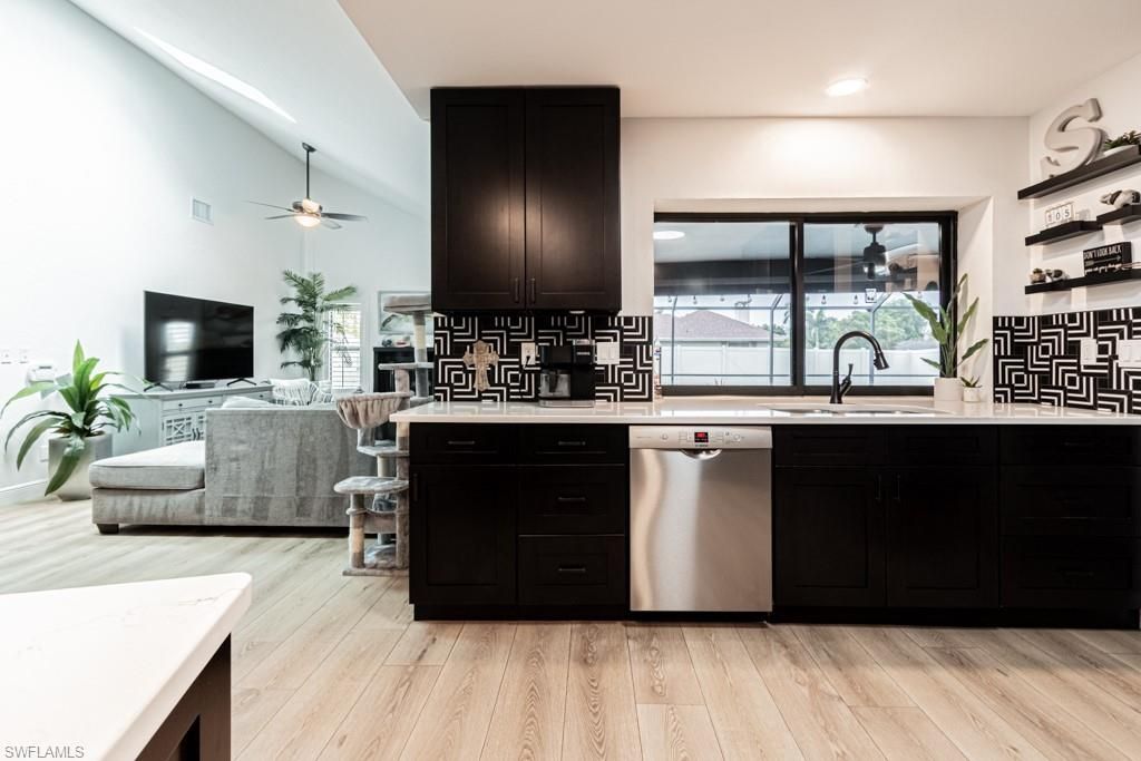 Interior, Kitchen, Living room, Recessed Lighting, Wood Texture Flooring