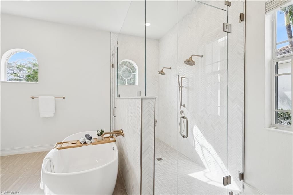 Bathroom, Free Standing Baths, Glass Shower, Interior, Marble Walls, Recessed Lighting