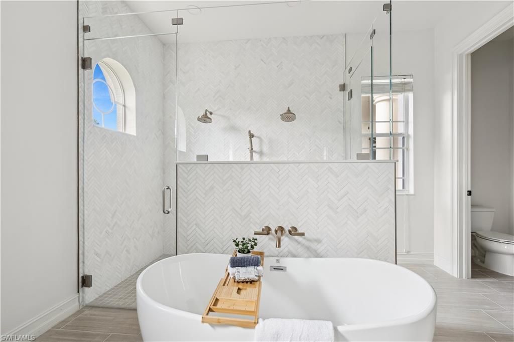 Bathroom, Free Standing Baths, Glass Shower, Interior, Marble Walls