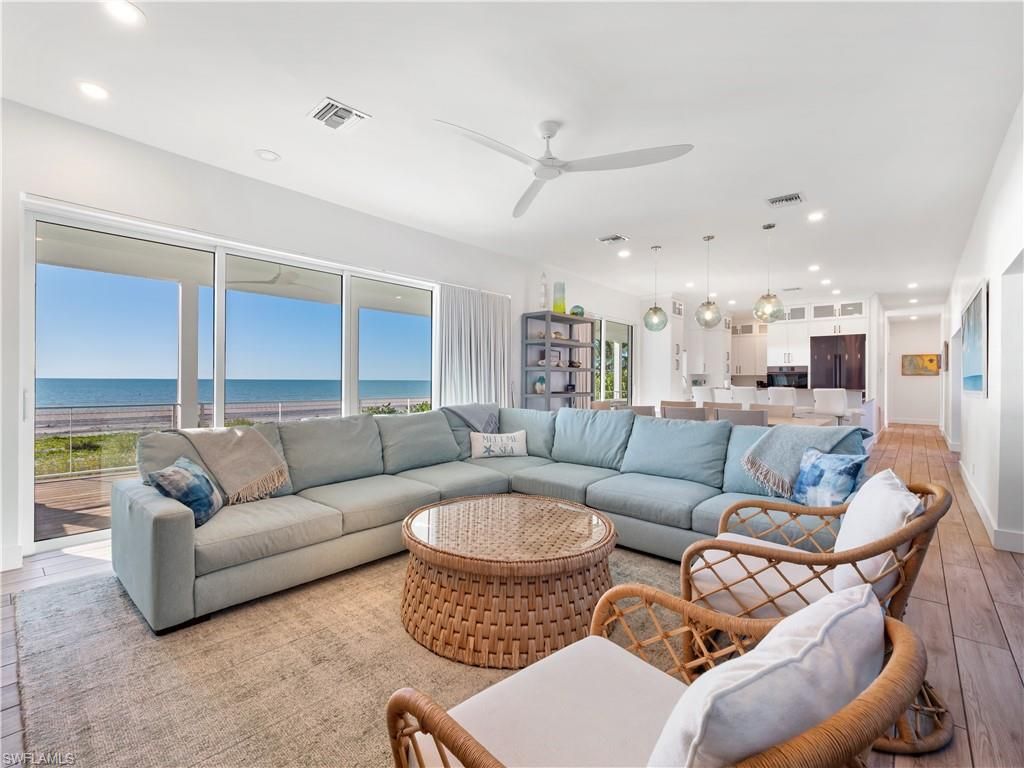 Interior, Kitchen, Living room, Pendant Lights, Recessed Lighting, Stainless Steel Appliances, Water, Wood Texture Flooring