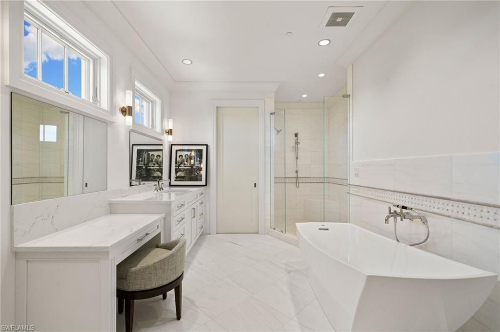 Bathroom, Free Standing Baths, Glass Shower, Interior, Marble, Recessed Lighting