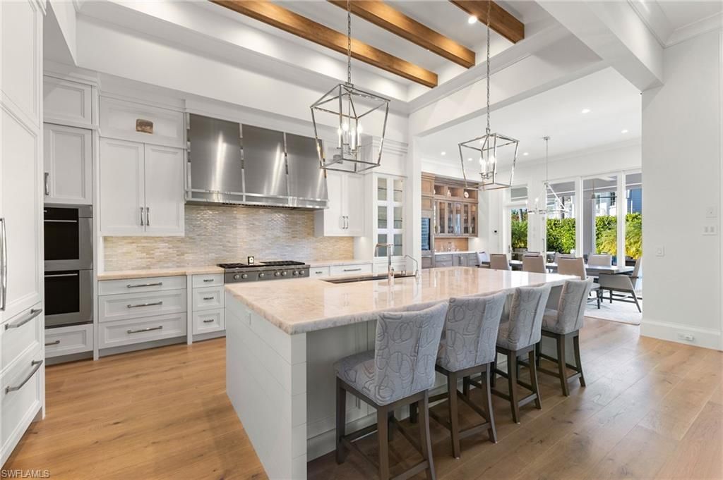 Interior, Kitchen, Pendant Lights, Recessed Lighting, Stainless Steel Appliances, Wooden Beams, Wood Texture Flooring