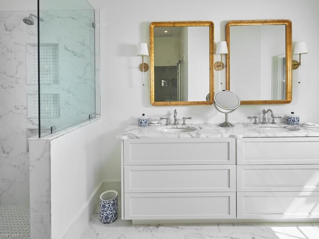 Bathroom, Dual Sink Vanities, Glass Shower, Interior, Marble, Marble Walls
