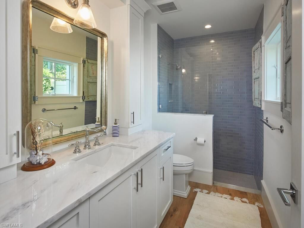 Bathroom, Glass Shower, Interior, Recessed Lighting, Wood Texture Flooring