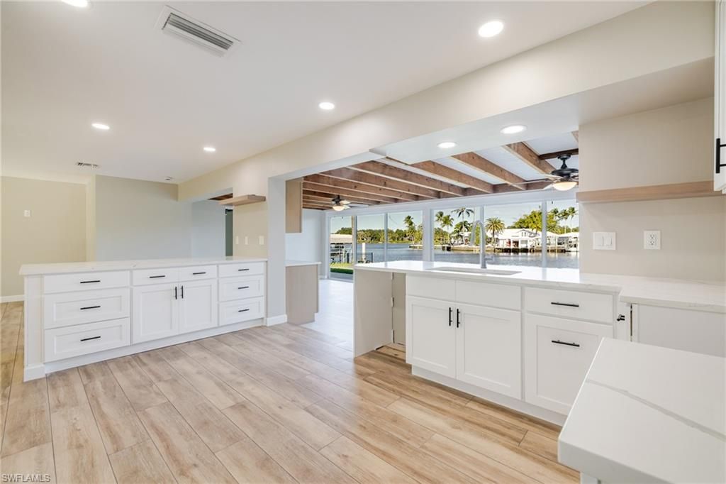 Interior, Kitchen, Recessed Lighting, Water, Wooden Beams, Wood Texture Flooring