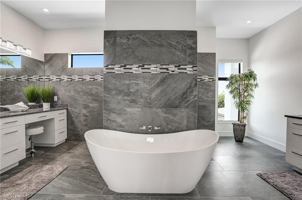 Bathroom, Free Standing Baths, Interior, Marble Walls, Recessed Lighting