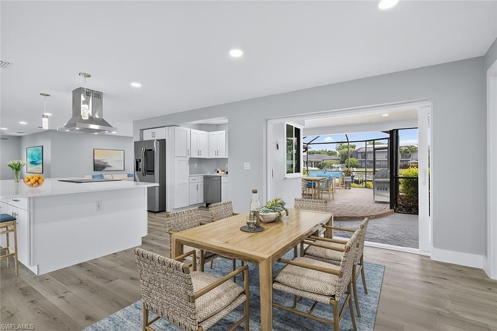 Dining room, Interior, Kitchen, Pendant Lights, Recessed Lighting, Water, Wood Texture Flooring