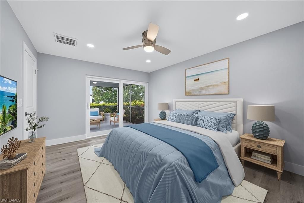 Bedroom, Interior, Recessed Lighting, Water, Wood Texture Flooring