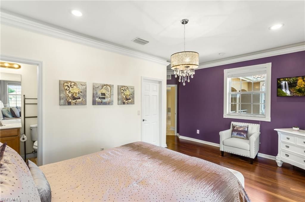 Bedroom, Chandelier, Interior, Recessed Lighting, Wood Texture Flooring