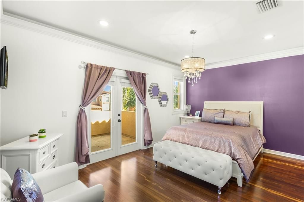 Bedroom, Chandelier, Interior, Recessed Lighting, Wood Texture Flooring