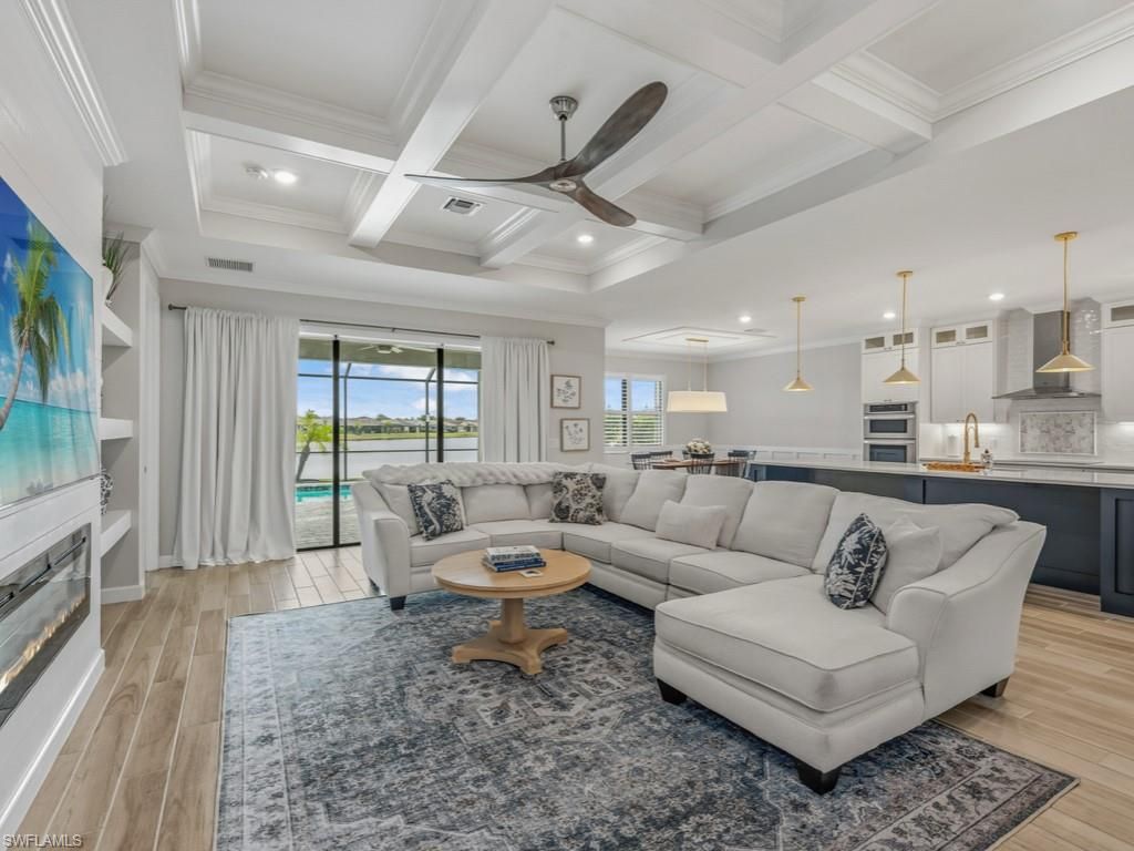 Interior, Kitchen, Living room, Pendant Lights, Recessed Lighting, Stainless Steel Appliances, Water, Wood Texture Flooring