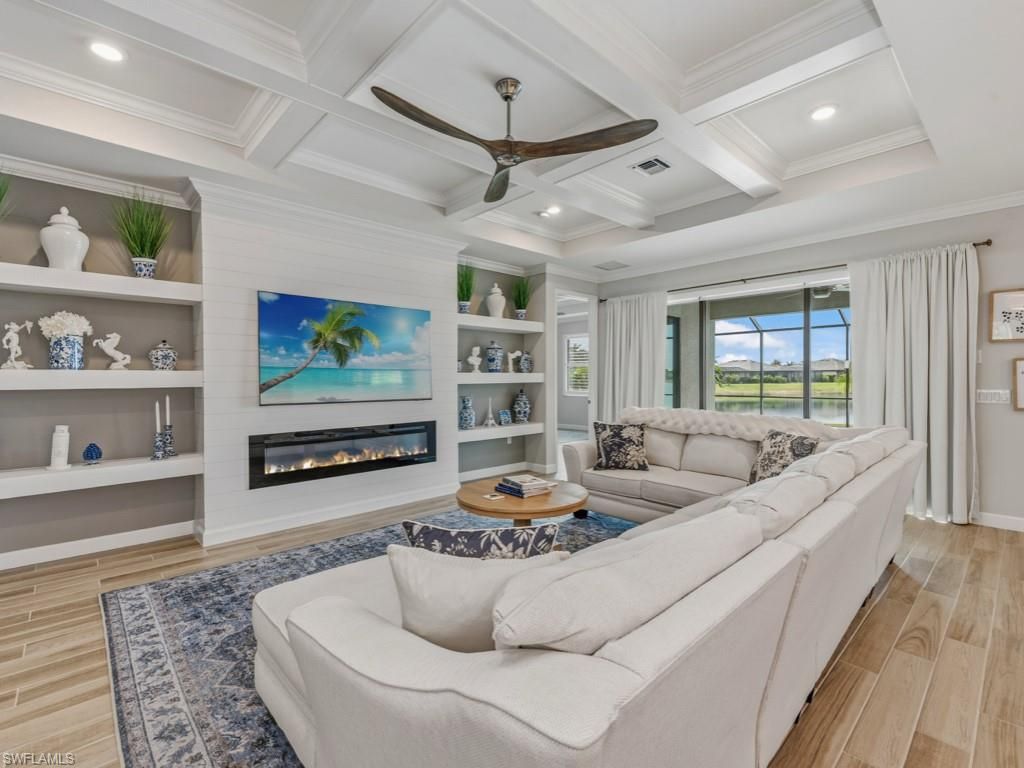 Fireplace, Interior, Living room, Recessed Lighting, Wood Texture Flooring