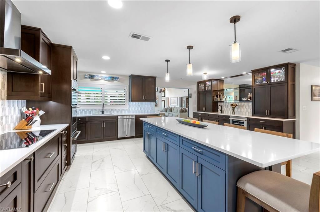 Interior, Kitchen, Marble, Pendant Lights, Recessed Lighting, Stainless Steel Appliances