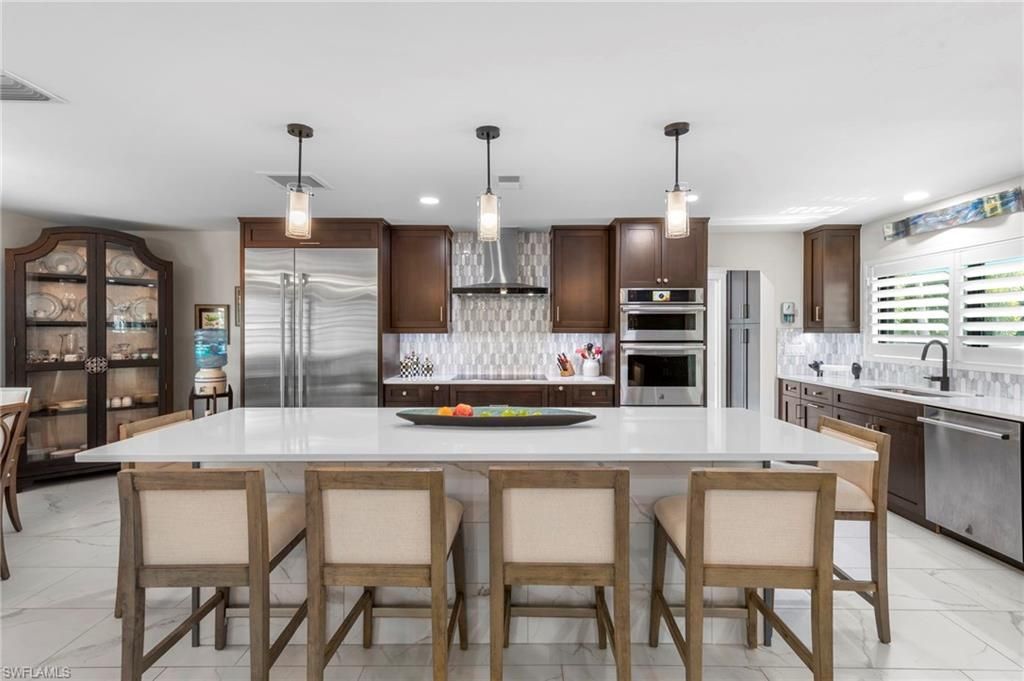 Interior, Kitchen, Marble, Pendant Lights, Recessed Lighting, Stainless Steel Appliances