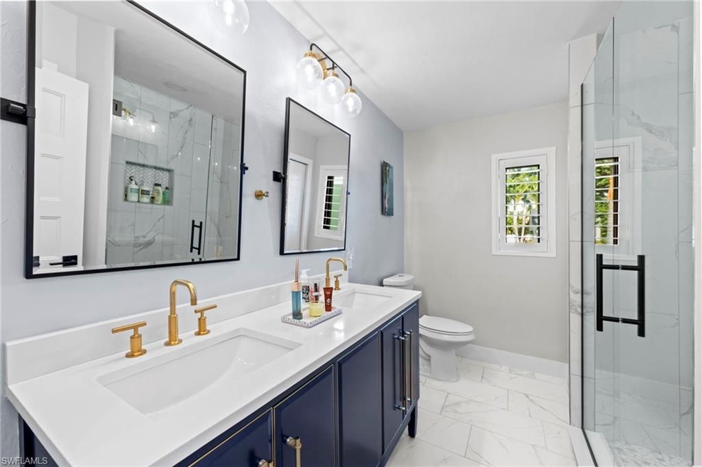 Bathroom, Dual Sink Vanities, Glass Shower, Interior, Marble, Marble Walls