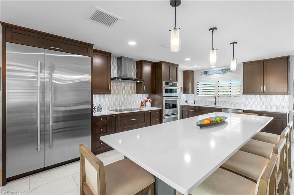 Interior, Kitchen, Marble, Pendant Lights, Recessed Lighting, Stainless Steel Appliances