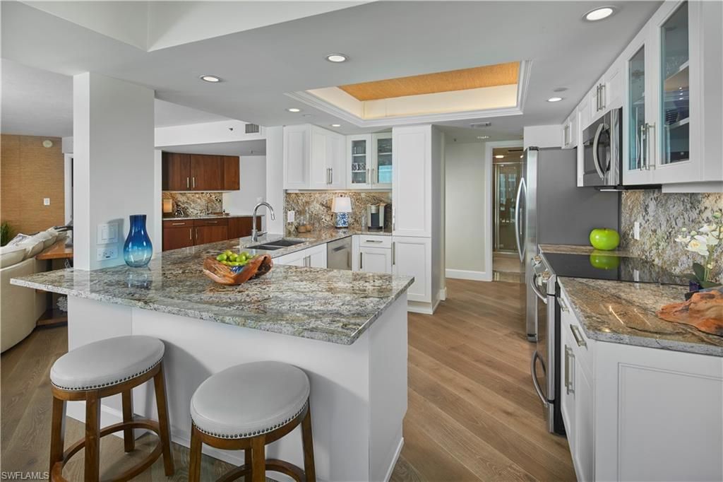 Interior, Kitchen, Recessed Lighting, Stainless Steel Appliances, Wood Texture Flooring