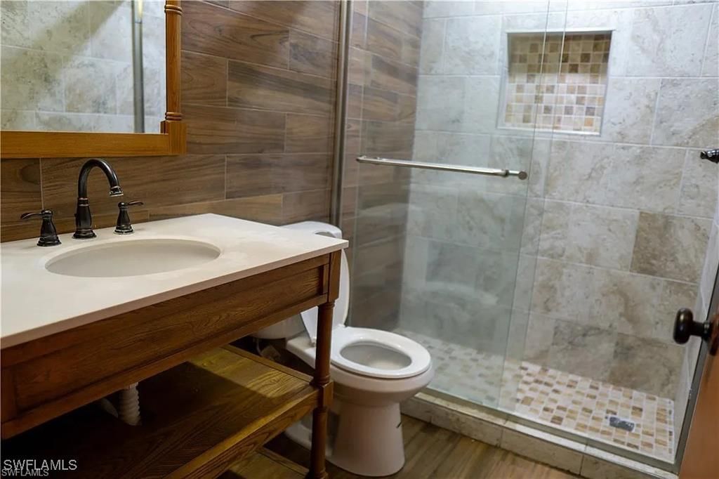 Bathroom, Glass Shower, Interior, Wood Texture Flooring