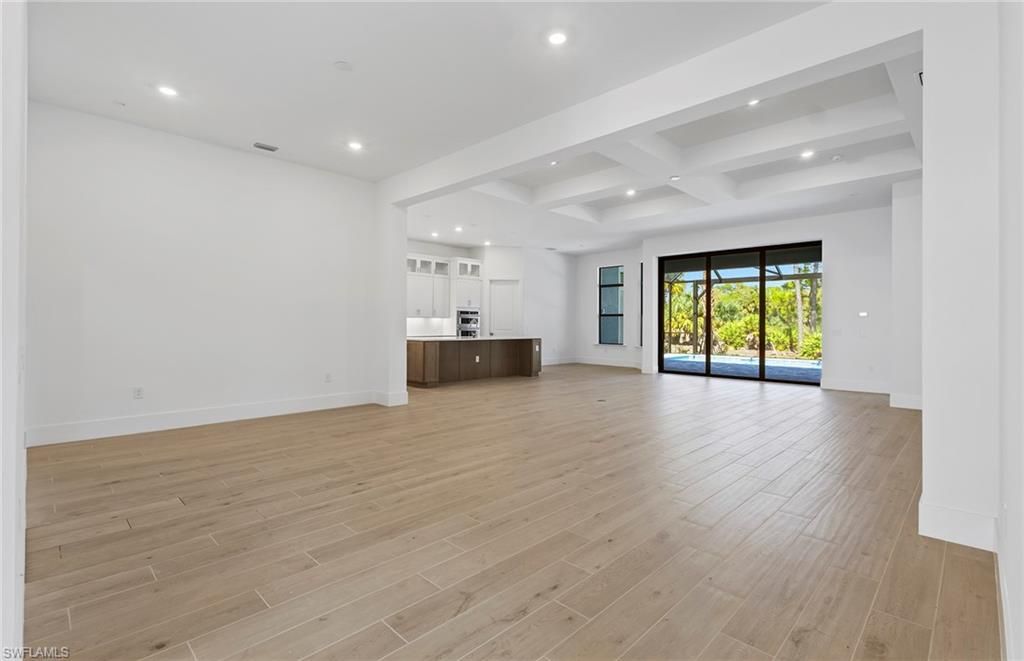 Empty room, Interior, Kitchen, Recessed Lighting, Wood Texture Flooring