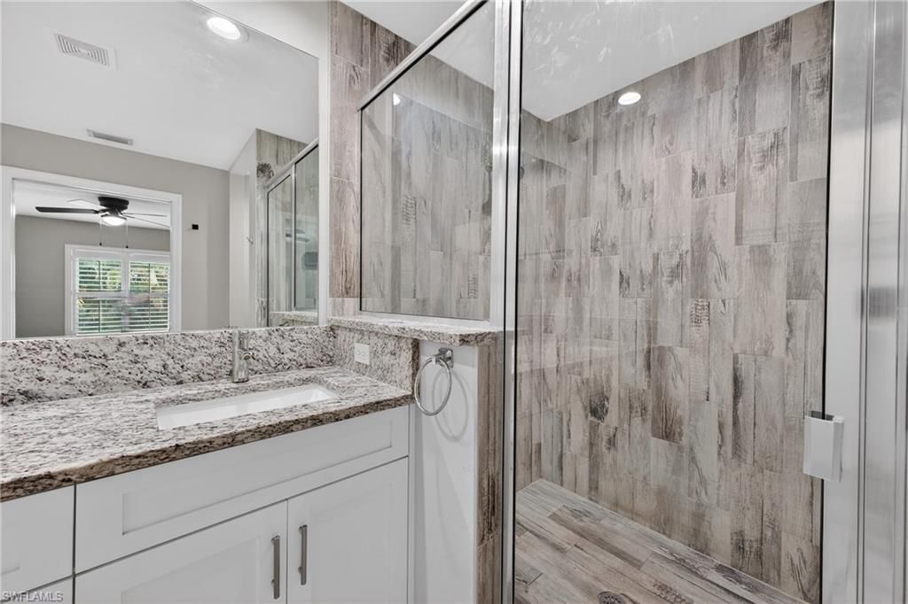 Bathroom, Glass Shower, Interior, Recessed Lighting, Wood Texture Flooring