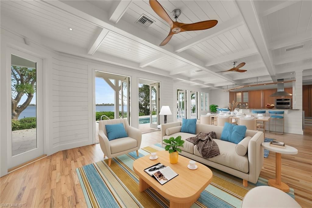 Interior, Kitchen, Living room, Recessed Lighting, Stainless Steel Appliances, Water, Wood Texture Flooring