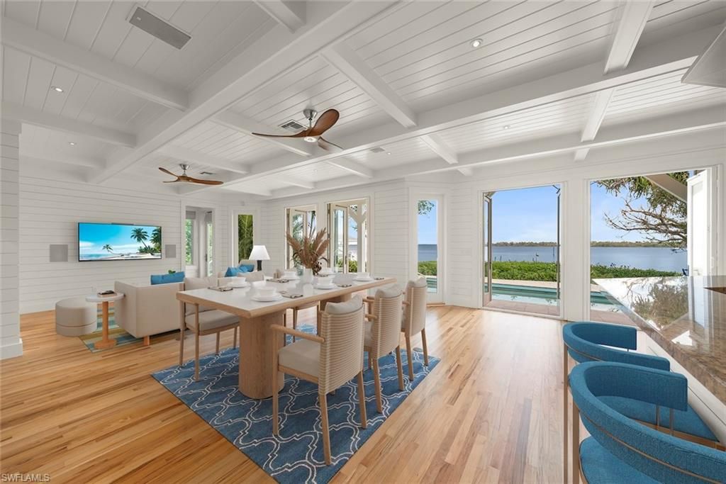 Dining room, Interior, Living room, Recessed Lighting, Water, Wood Texture Flooring