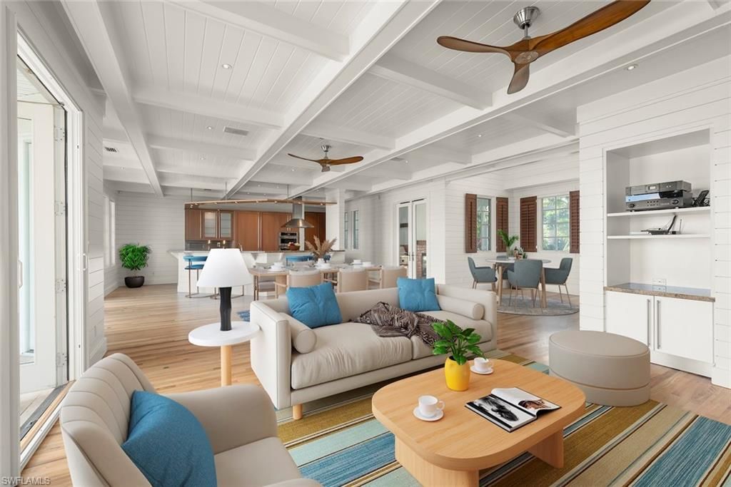 Dining room, Interior, Kitchen, Living room, Recessed Lighting, Wood Texture Flooring